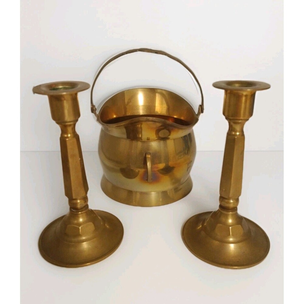 VTG Set of 3 Rustic Indian Brass coal scuttle bucket & 2 Candle Holder